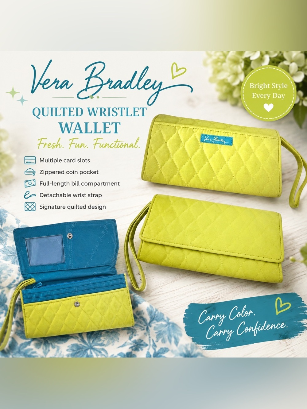 Vera Bradley Lime Green Quilted Wristlet Wallet